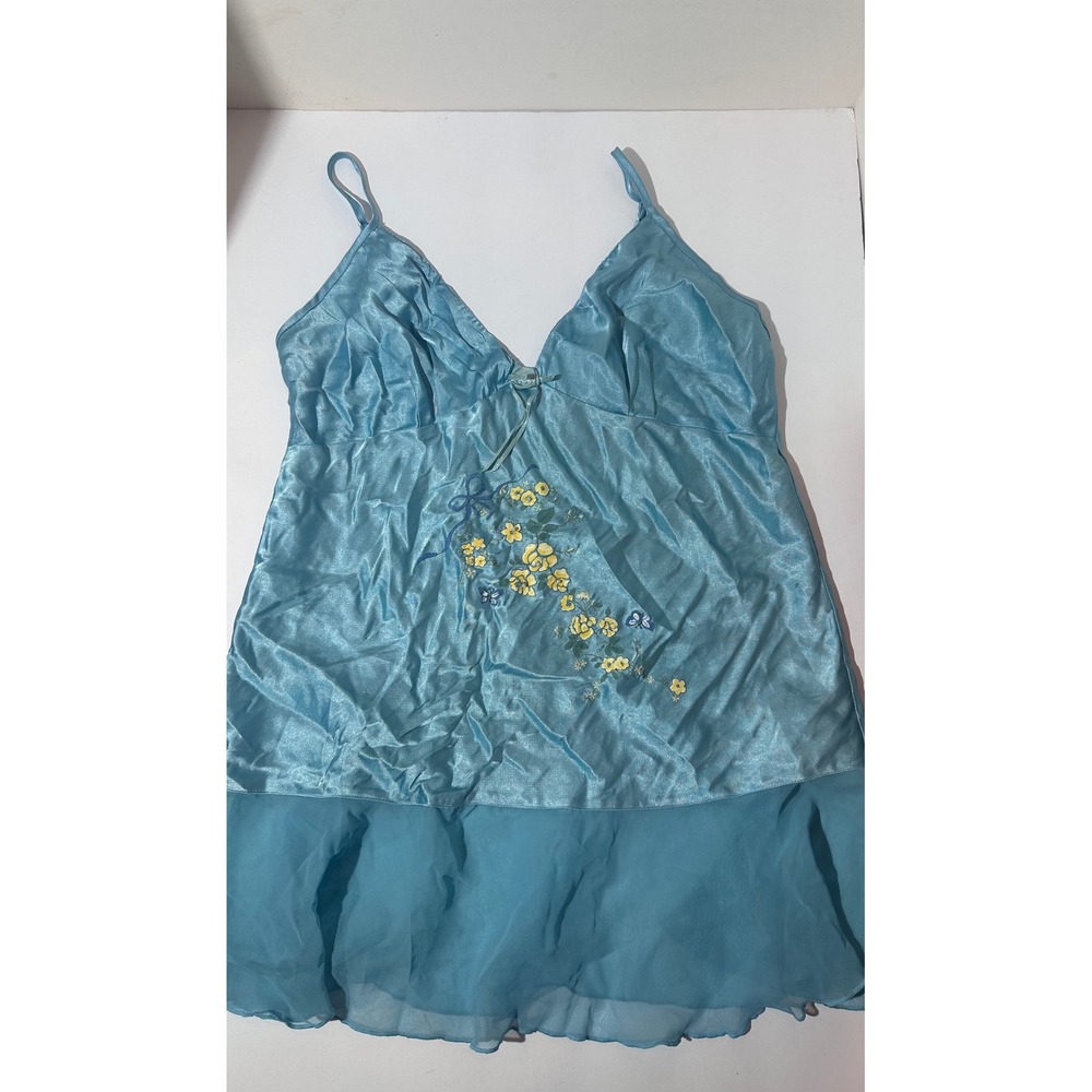 Secret Treasures Blue Satin Floral Embroidered Chemise Nightgown
